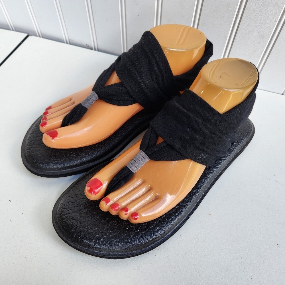 Sanuk • Black Stretch Strap Casual Slingback Thong Sandals Shoes Women's Size 9